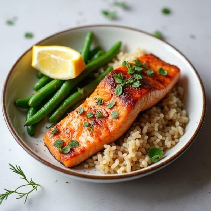 Seared Salmon with Garlic Green Beans and Steamed Brown Rice
