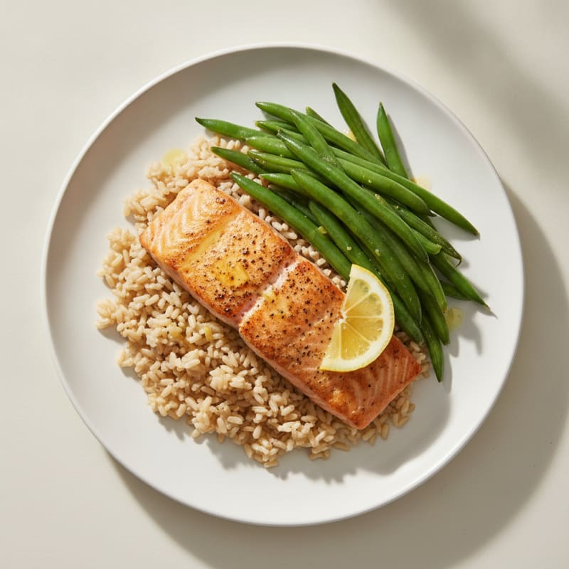Seared Salmon with Steamed Green Beans and Brown Rice