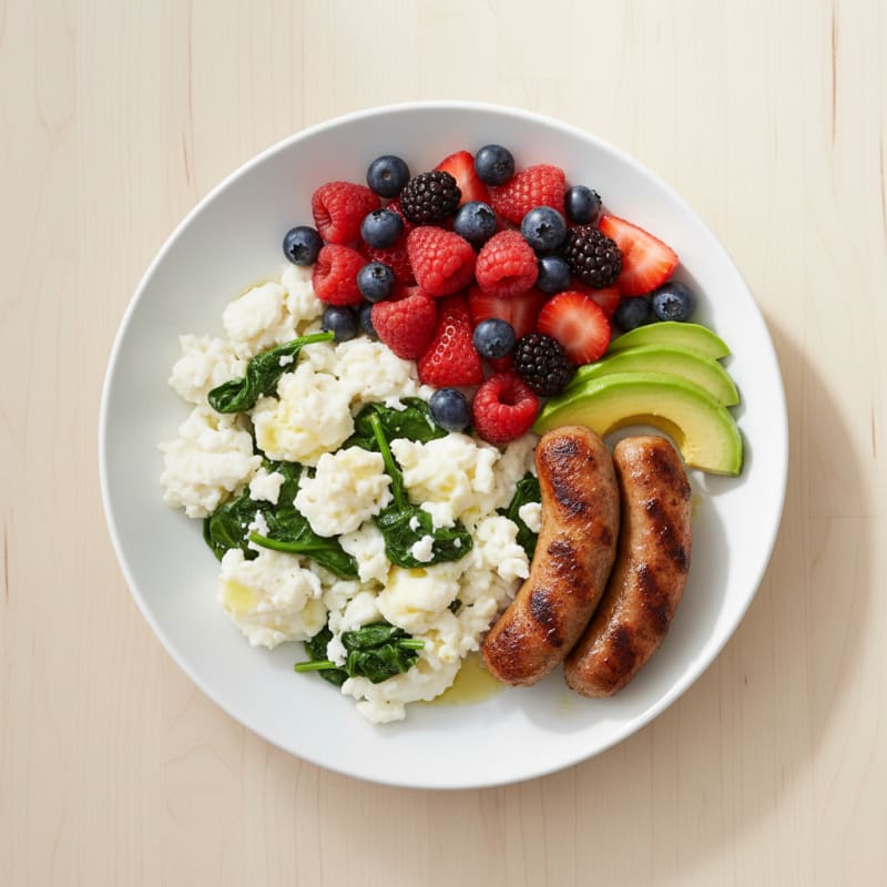 Egg White Spinach Scramble with Turkey Sausage and Fresh Berries