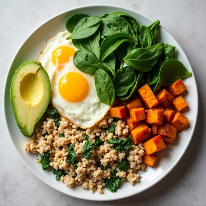 Egg White and Turkey Spinach Scramble with Roasted Sweet Potato