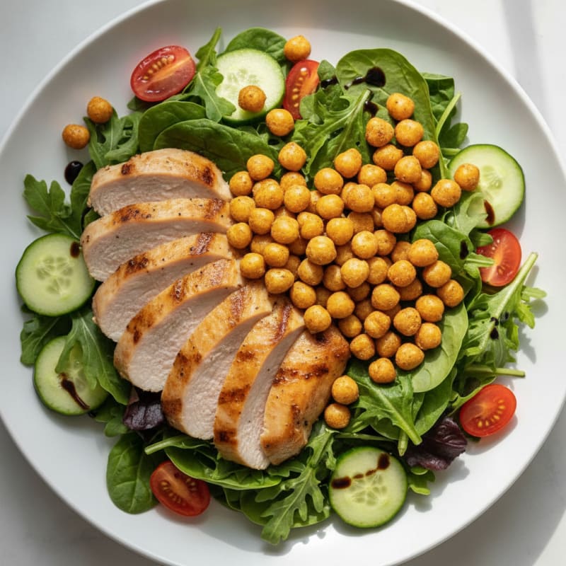 Grilled Turkey Breast Salad with Crunchy Chickpeas and Mixed Greens