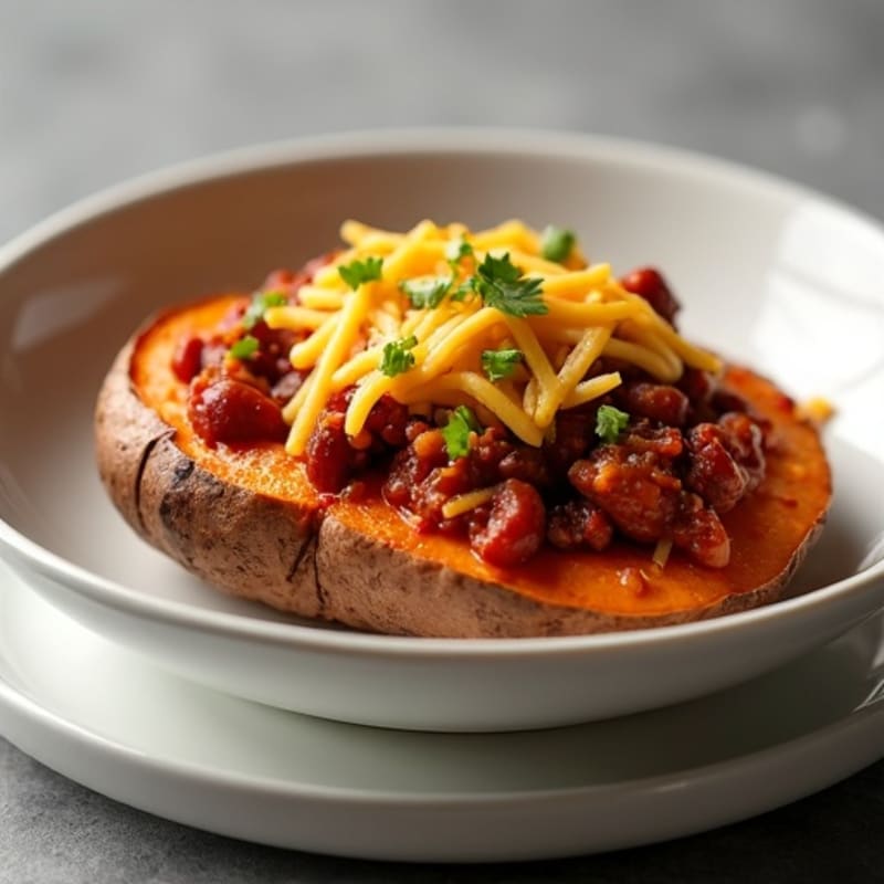 Crispy Baked Sweet Potato Halves with Lean Turkey Chili and Melted Cheddar