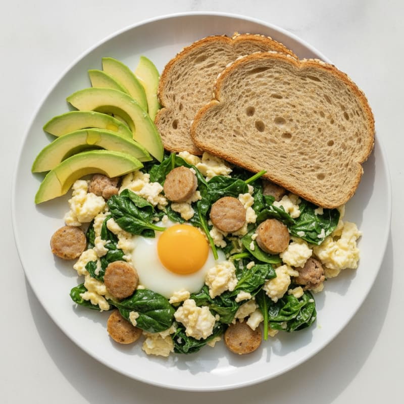 Egg White Spinach Scramble with Turkey Sausage