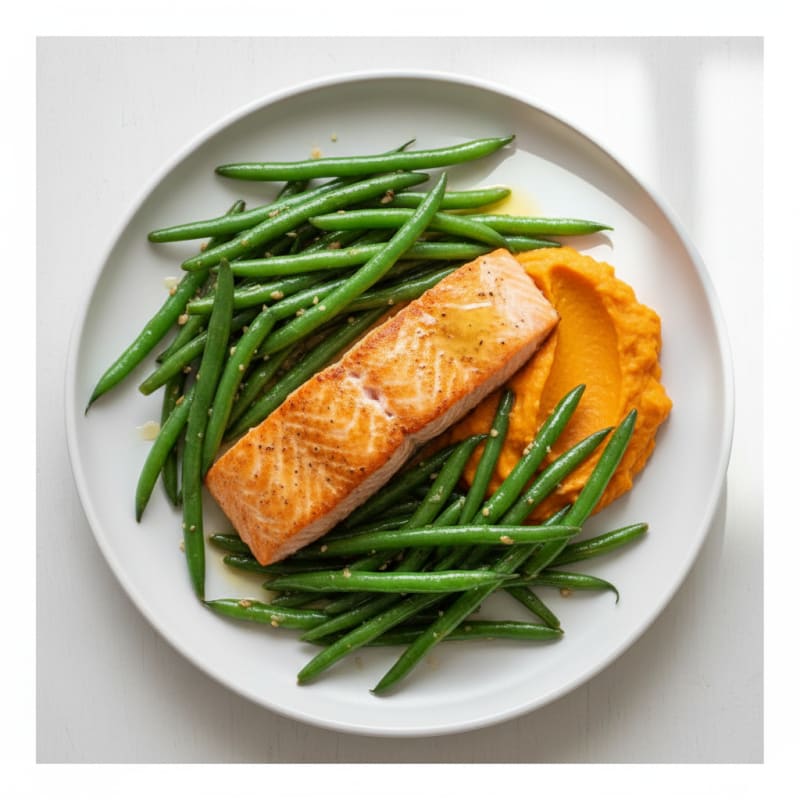 Seared Salmon with Garlic Green Beans and Sweet Potato Mash