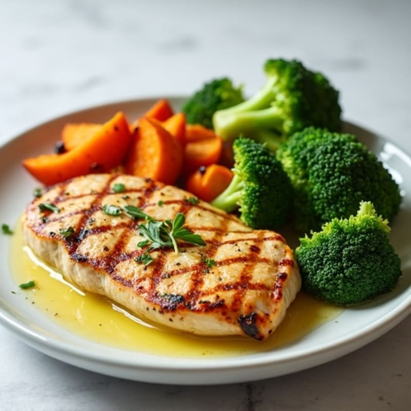 Grilled Chicken Breast with Roasted Sweet Potato and Steamed Broccoli
