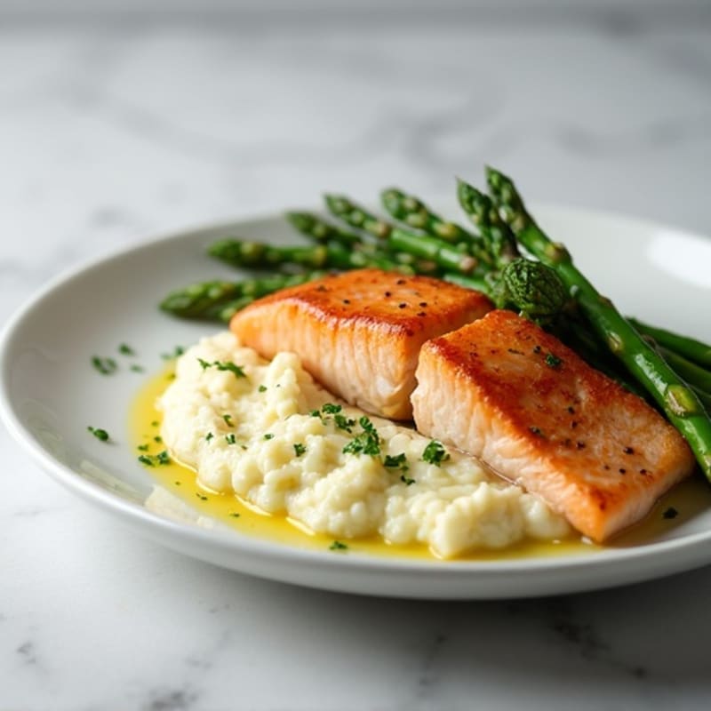 Seared Salmon with Steamed Asparagus and Cauliflower Mash