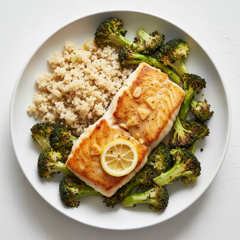 Seared Cod Fillet with Roasted Broccoli and Quinoa