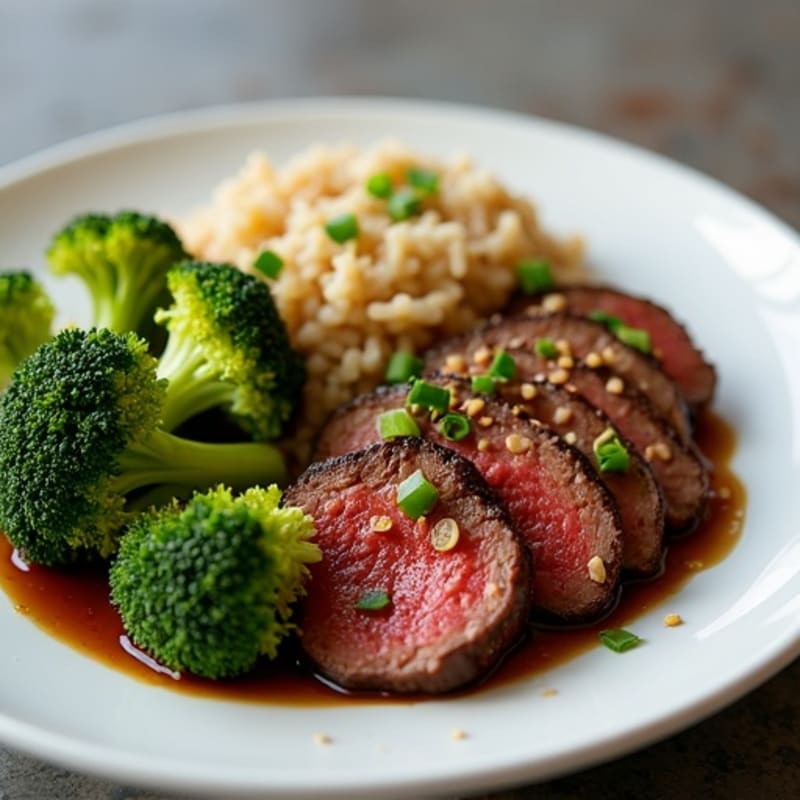 Savory Garlic-Ginger Beef with Crispy Broccoli and Brown Rice