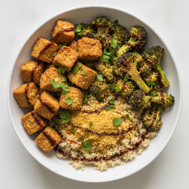 Crispy Tempeh Power Bowl with Quinoa and Roasted Vegetables