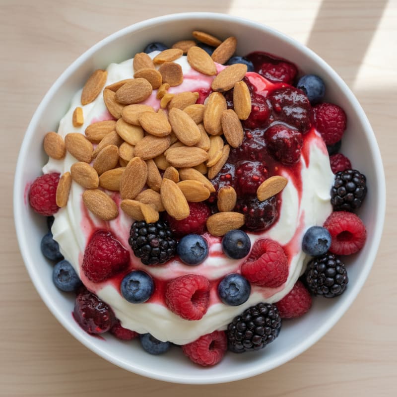 Greek Yogurt Protein Parfait with Mixed Berries and Almonds