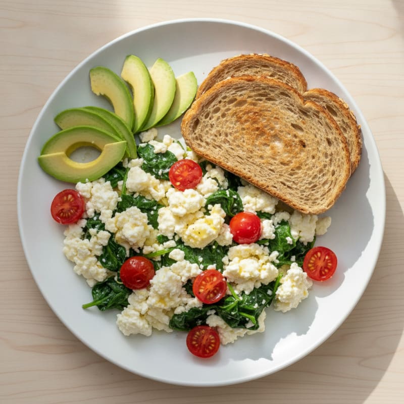 Egg White Spinach Scramble with Cottage Cheese and Cherry Tomatoes