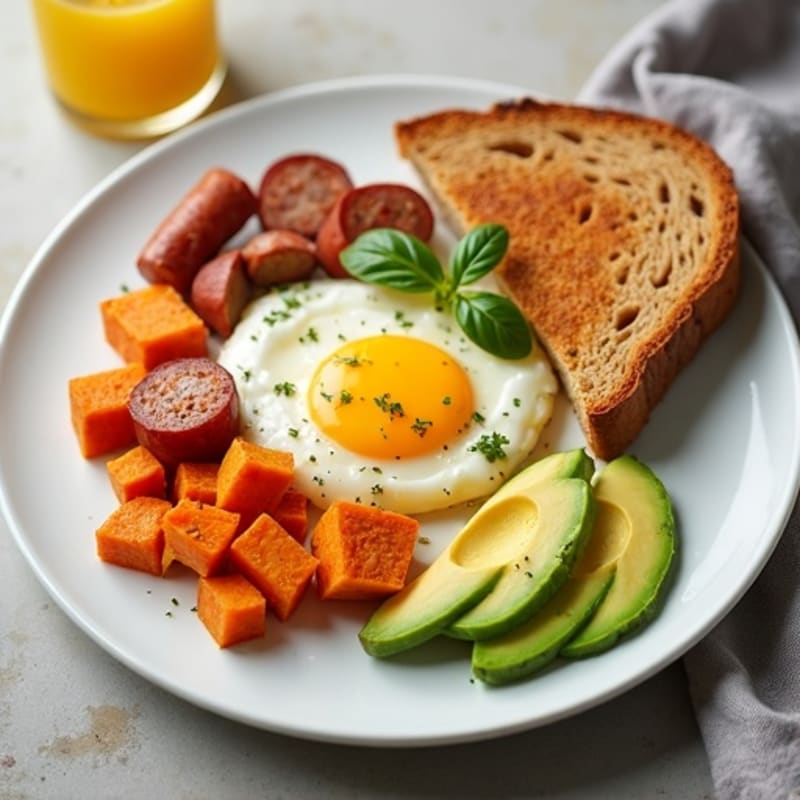 Egg White Scramble with Turkey Sausage and Roasted Sweet Potato