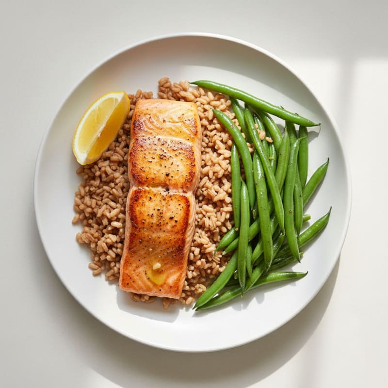 Seared Salmon Fillet with Steamed Green Beans and Brown Rice