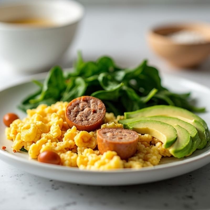 Egg White and Turkey Sausage Scramble with Sautéed Spinach