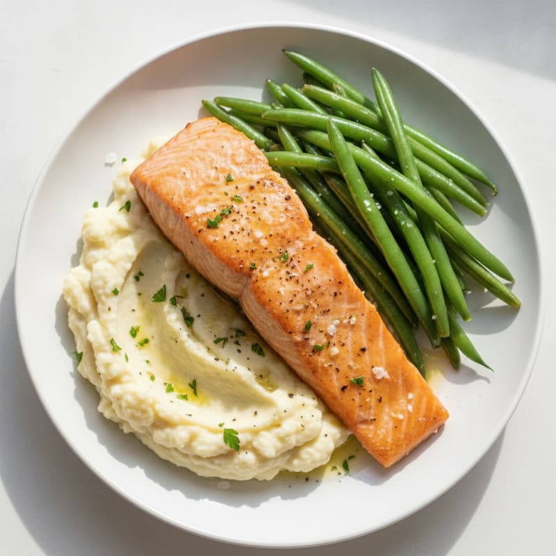 Seared Salmon Fillet with Steamed Green Beans and Mashed Cauliflower