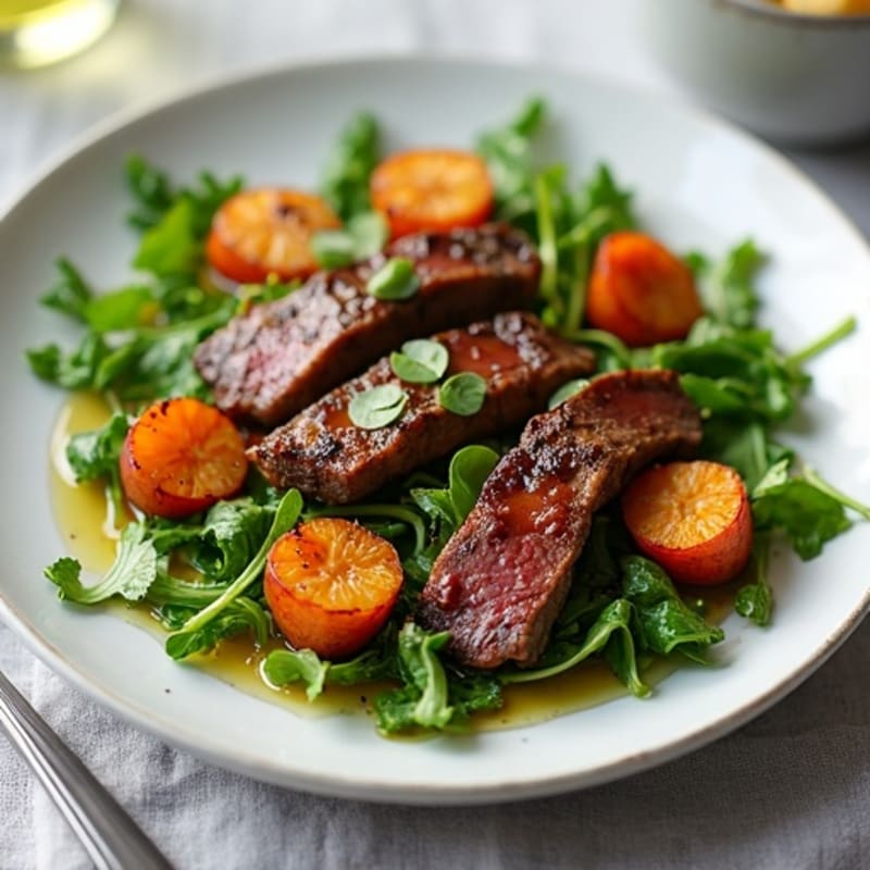 Seared Beef Strips with Mixed Greens and Roasted Sweet Potato