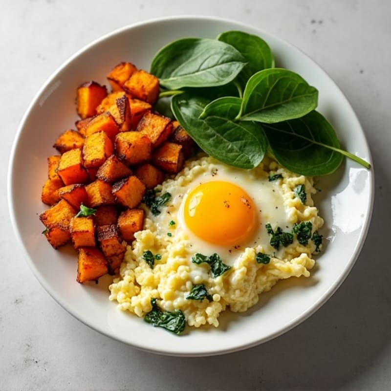 Fluffy Egg and Spinach Scramble with Crispy Sweet Potato Hash