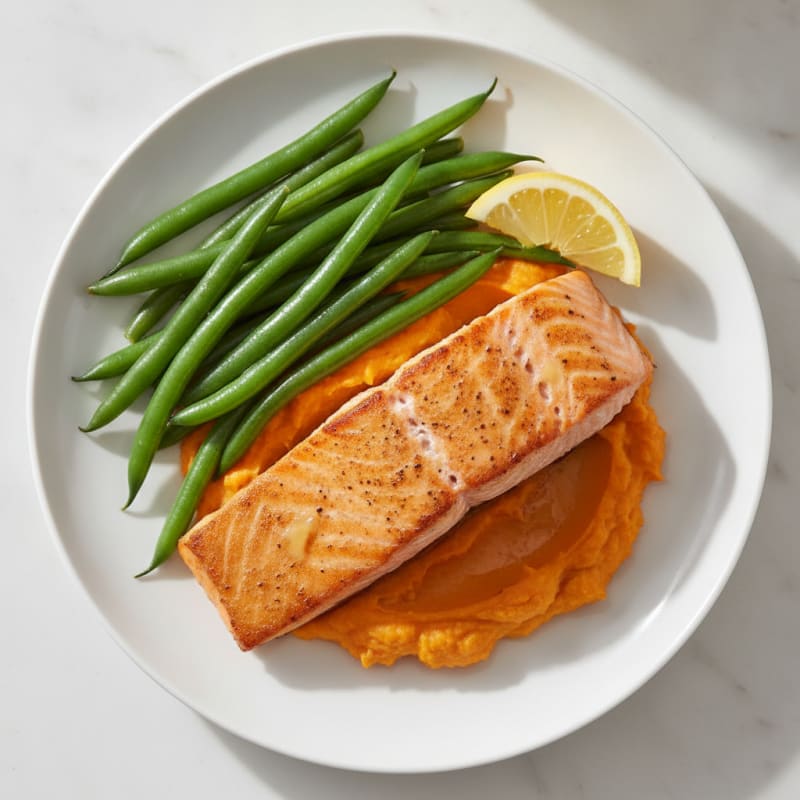 Seared Salmon Fillet with Steamed Green Beans and Sweet Potato Mash