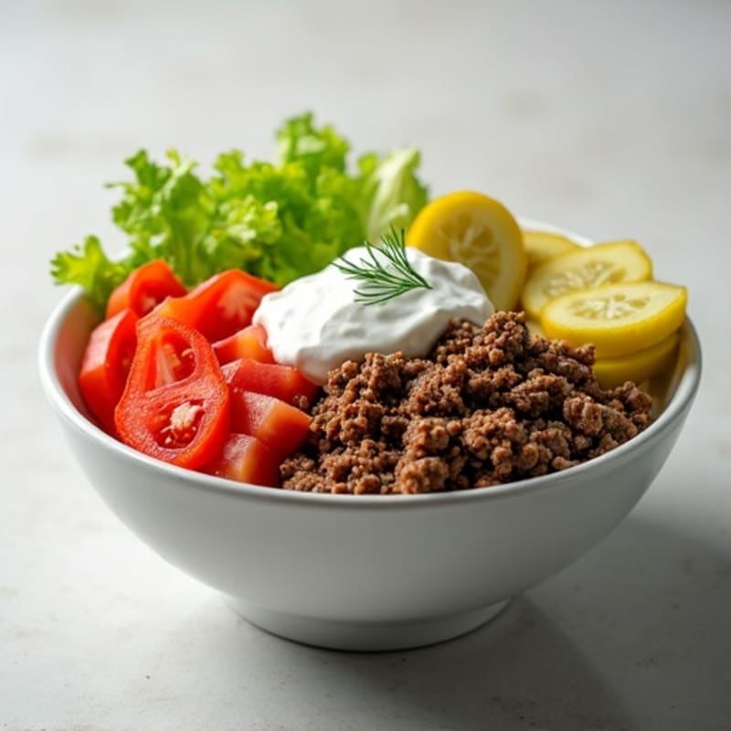 Lean Ground Beef Big Mac Style Bowl with Creamy Dill Dressing and Fresh Crisp Vegetables