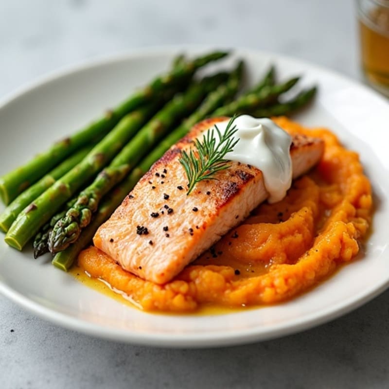 Seared Salmon with Roasted Asparagus and Sweet Potato Mash