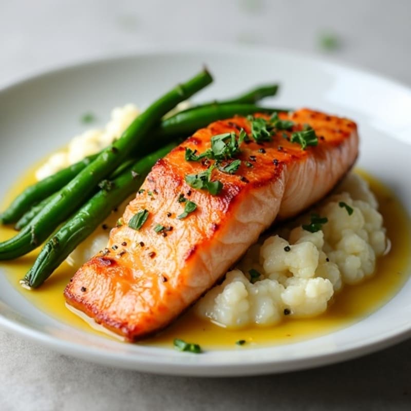 Seared Salmon with Garlic Green Beans and Cauliflower Mash