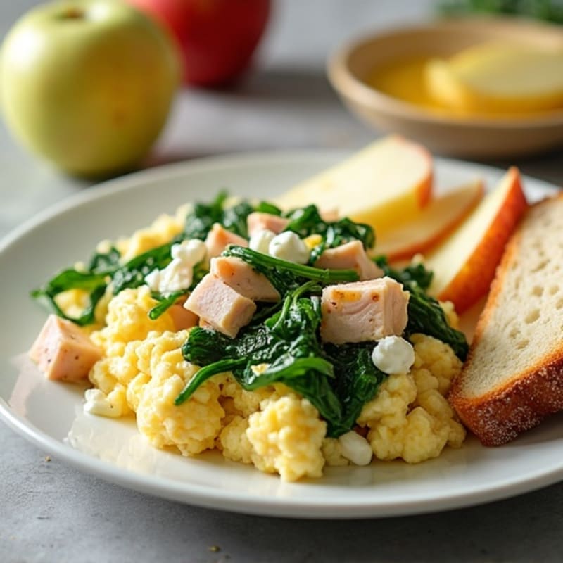 Egg White and Spinach Scramble with Cottage Cheese and Sliced Turkey
