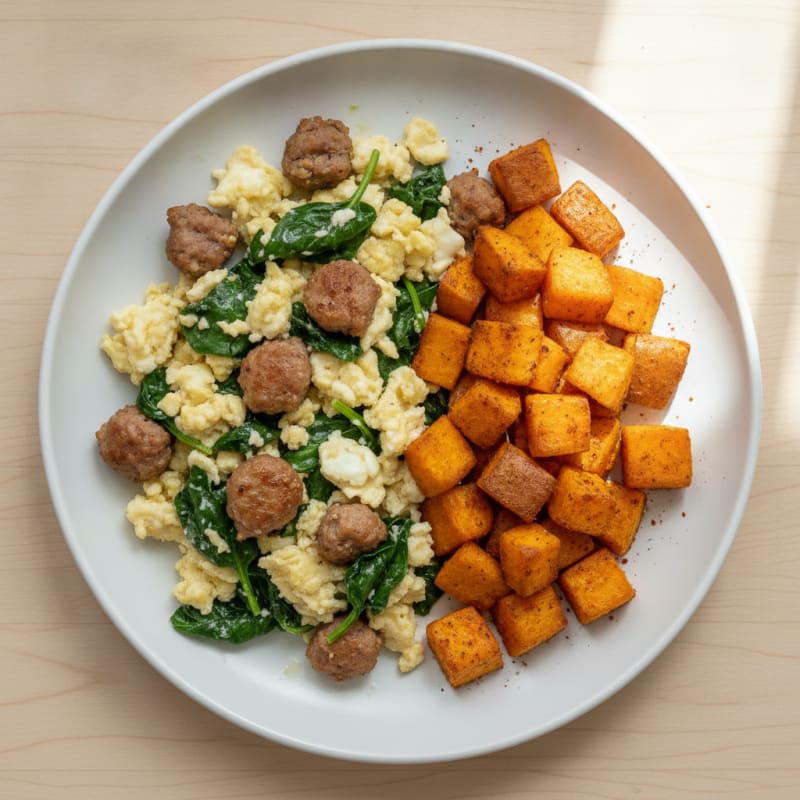 Egg White and Turkey Sausage Scramble with Spinach and Roasted Sweet Potatoes