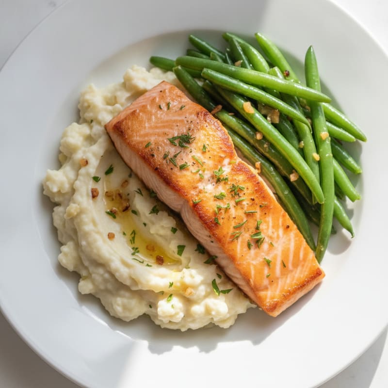 Seared Salmon with Steamed Green Beans and Garlic Mashed Cauliflower