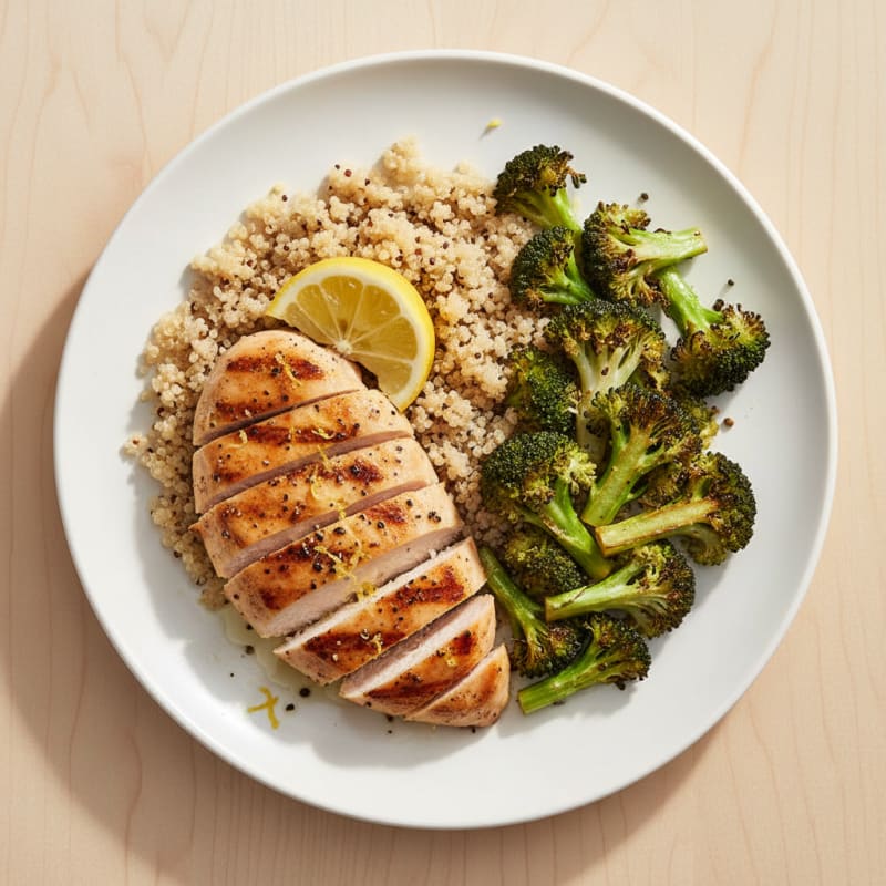 Grilled Lemon Pepper Chicken Breast with Quinoa and Roasted Broccoli