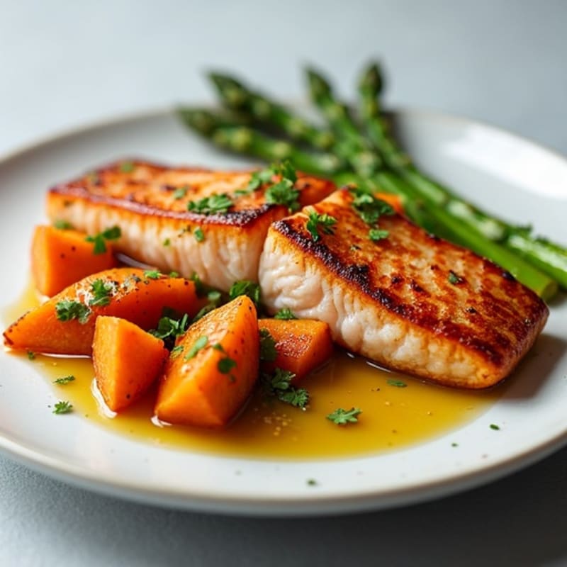 Seared Salmon with Roasted Sweet Potatoes and Asparagus