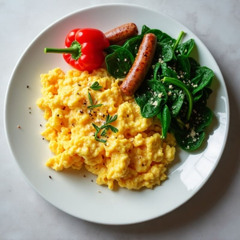 Egg White Scramble with Chicken Sausage and Sautéed Spinach