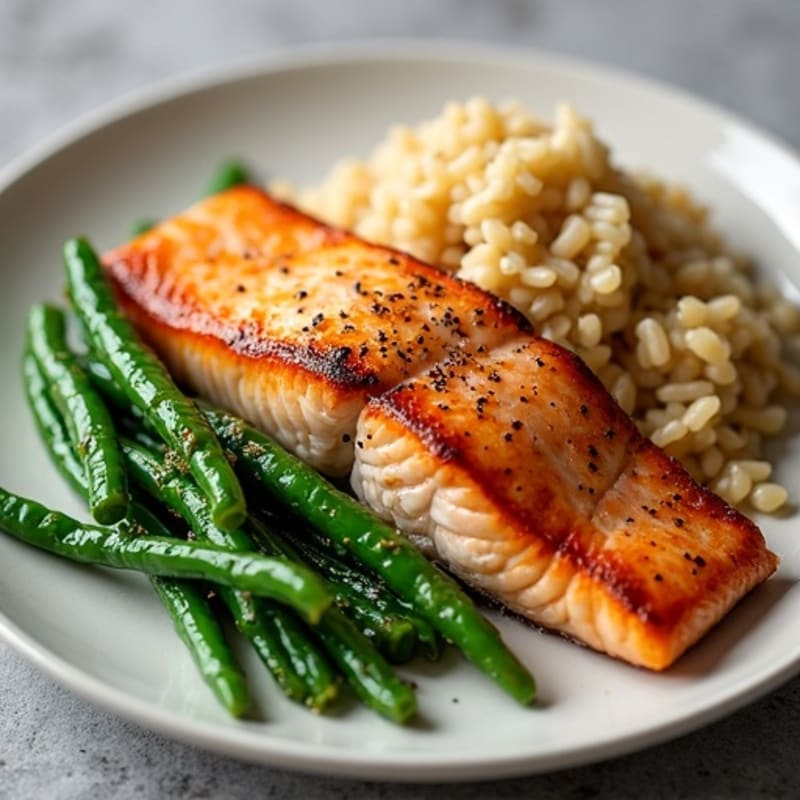 Seared Salmon with Garlic Green Beans and Brown Rice