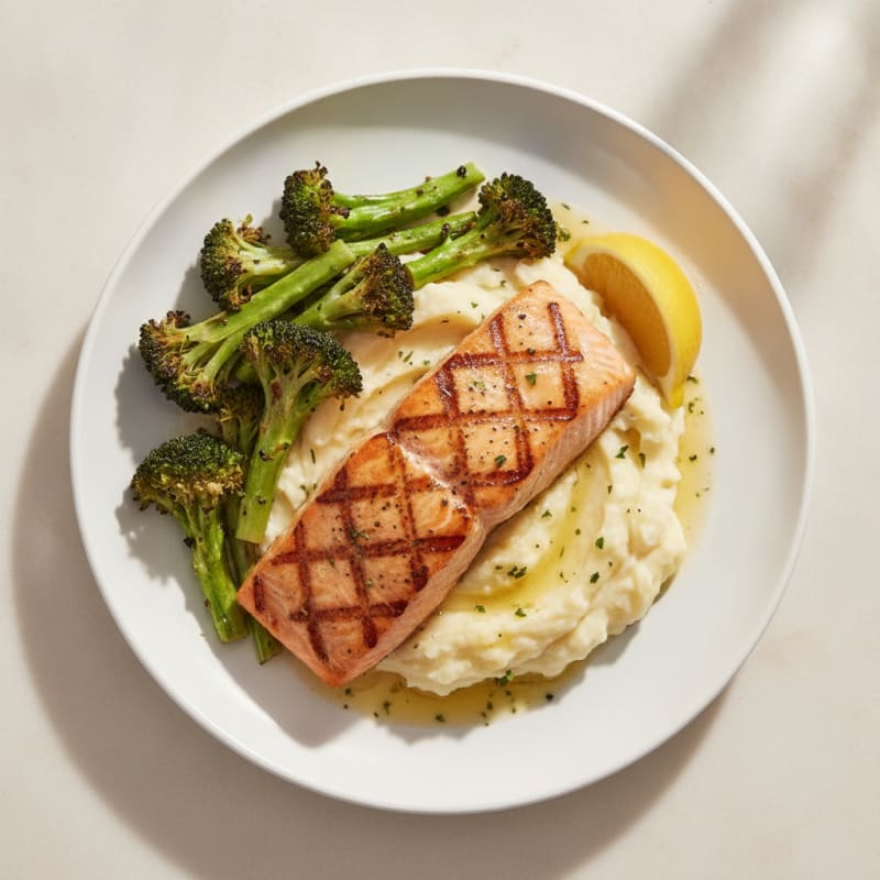 Seared Salmon with Roasted Broccoli and Garlic Mashed Potatoes