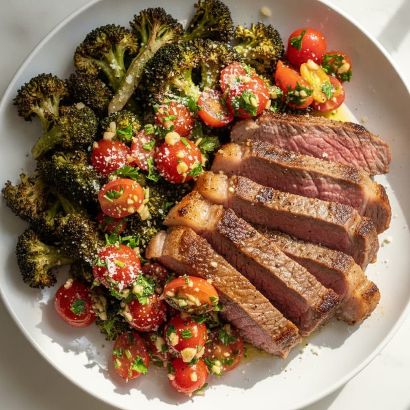 Pan-Seared Tri Tip Steak with Roasted Broccoli and Herbed Tomato Relish