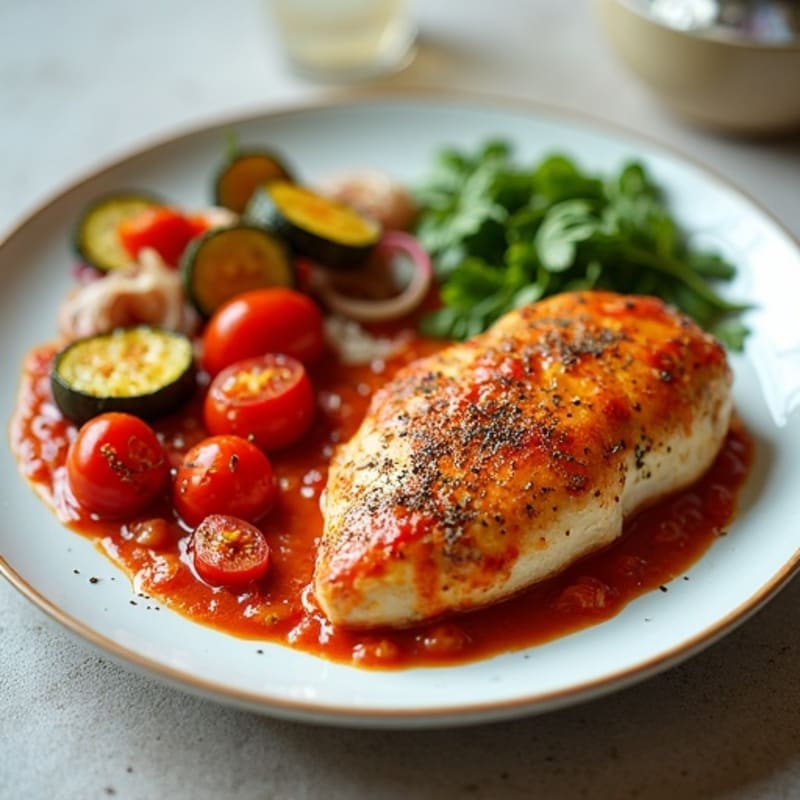Creamy Spiced Tomato Chicken with Roasted Vegetables