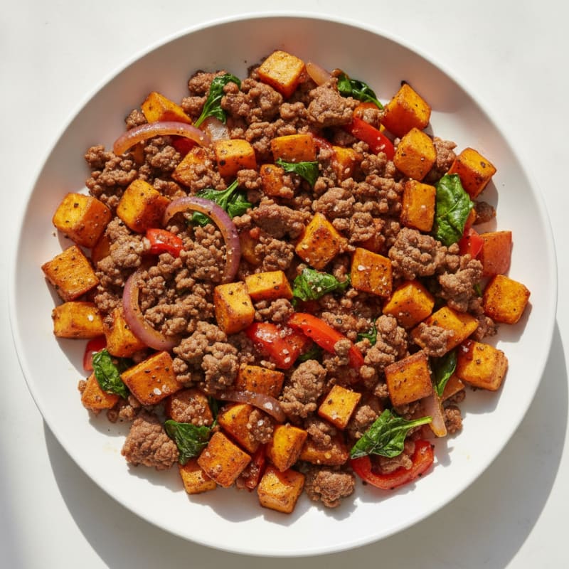 Ground Beef Skillet with Roasted Sweet Potatoes