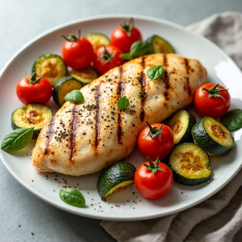 Grilled Chicken Breast with Roasted Tomato and Zucchini
