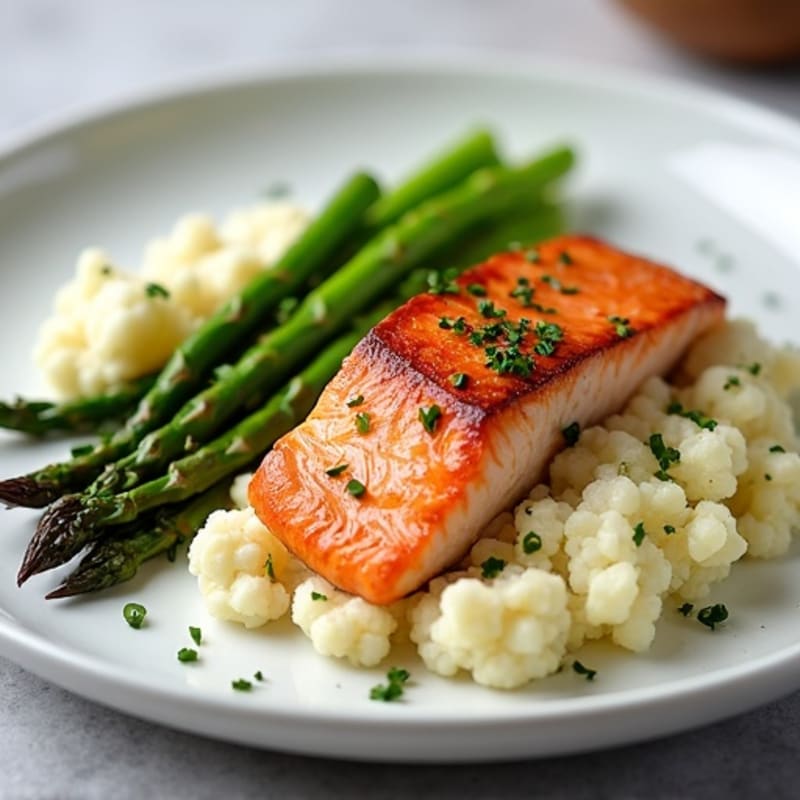 Seared Salmon with Steamed Asparagus and Garlic Mashed Cauliflower