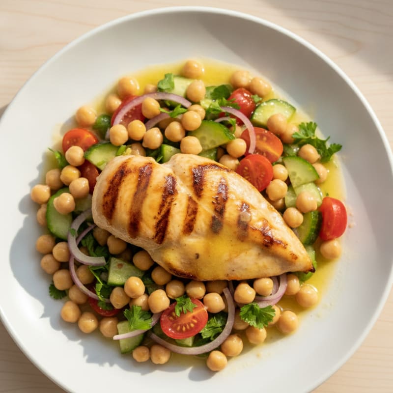 Grilled Chicken Breast with Crunchy Chickpea Salad and Lemon Vinaigrette