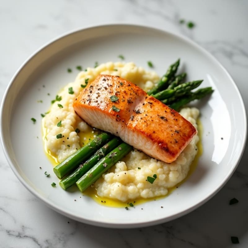 Seared Salmon with Steamed Asparagus and Cauliflower Mash