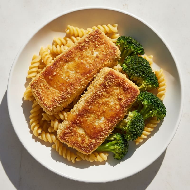 Crispy Tofu Steaks with Steamed Broccoli and Protein Pasta