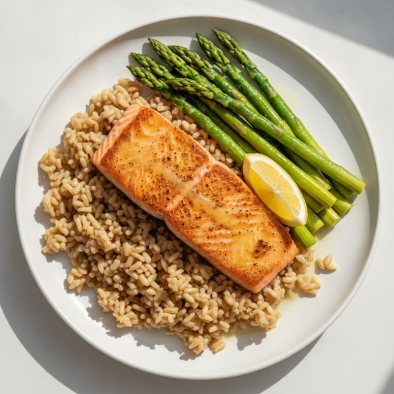 Seared Salmon Fillet with Steamed Asparagus and Brown Rice