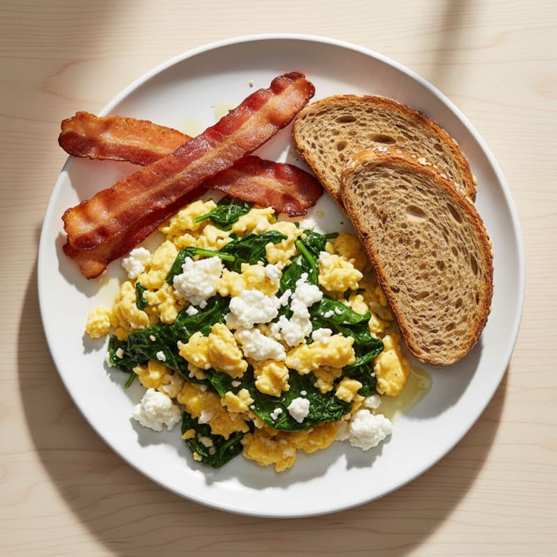 Cottage Cheese Scramble with Spinach and Turkey Bacon