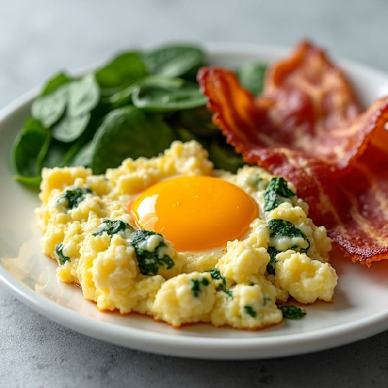 Fluffy Cottage Cheese Egg Scramble with Spinach and Turkey Bacon