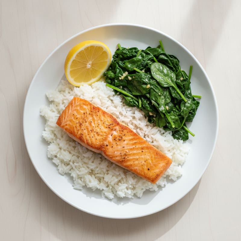 Seared Salmon Fillet with Garlic Spinach and Steamed Rice