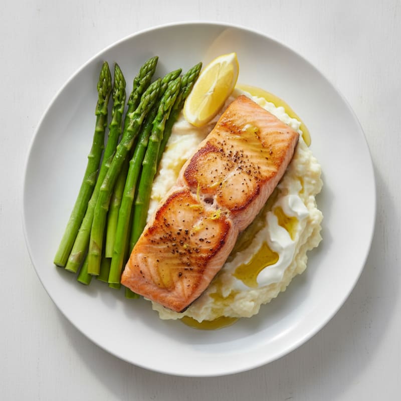 Seared Salmon Fillet with Steamed Asparagus and Cauliflower Mash