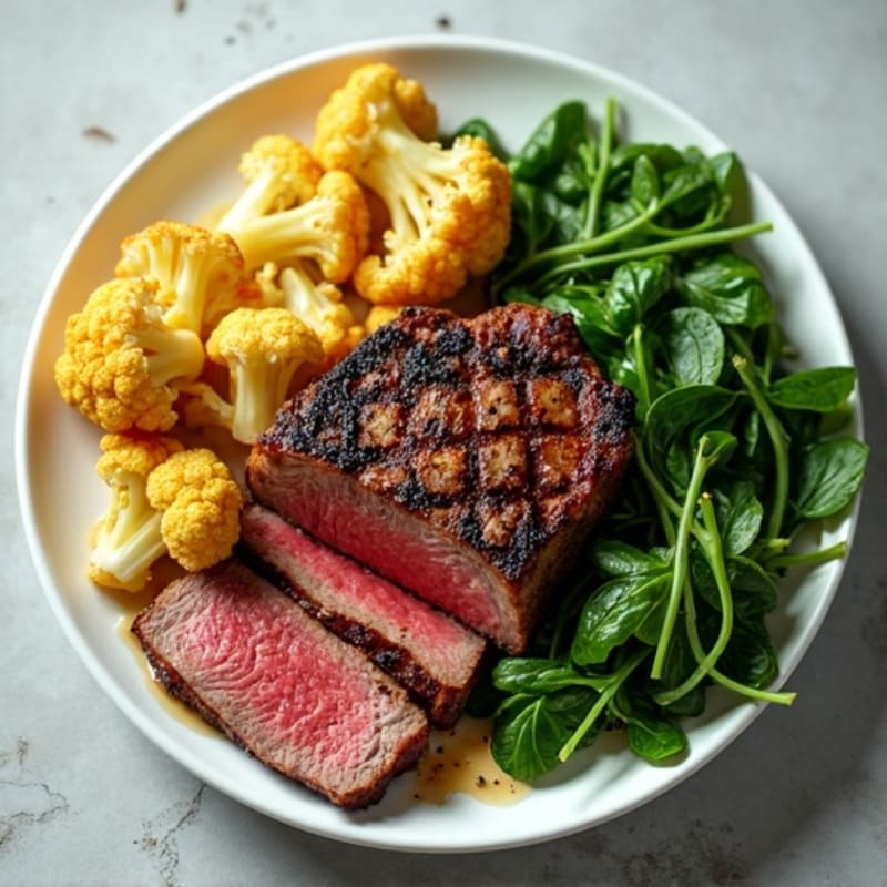 Seared Lean Beef Steak with Roasted Cauliflower and Spinach