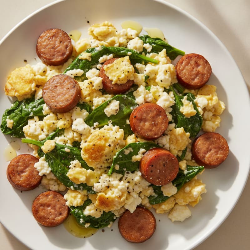 Cottage Cheese Scramble with Spinach and Turkey Sausage