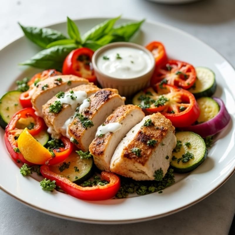 Sheet Pan Chicken and Roasted Vegetables with Tangy Greek Yogurt Dressing