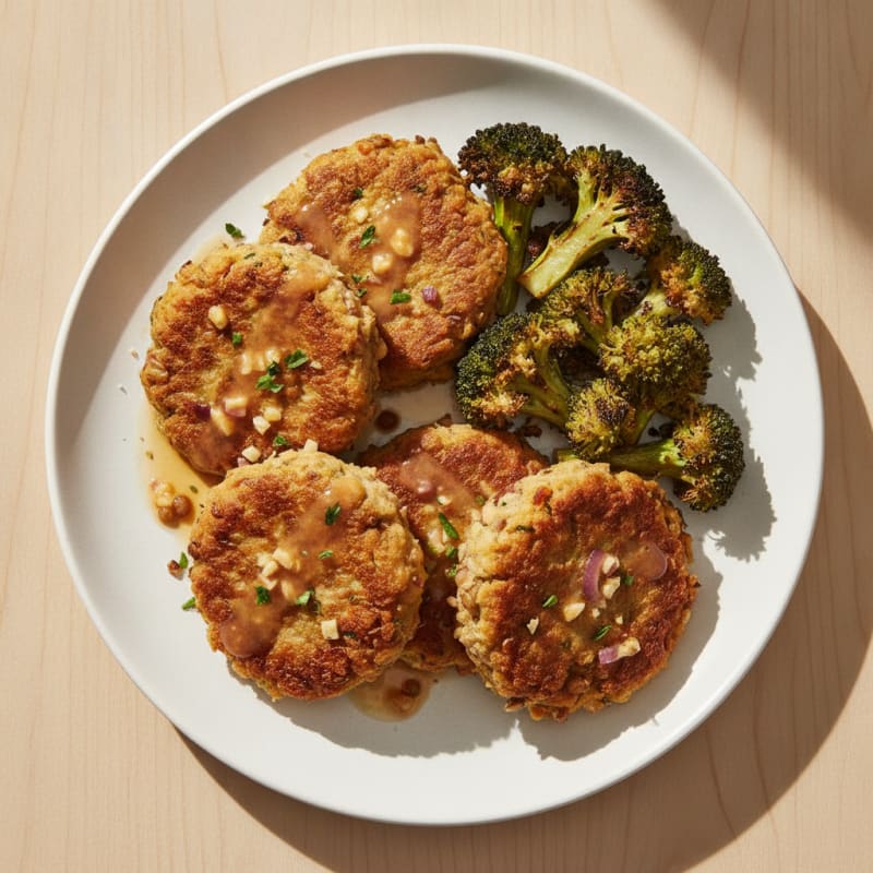 Crispy Lentil and Chickpea Patties with Roasted Broccoli